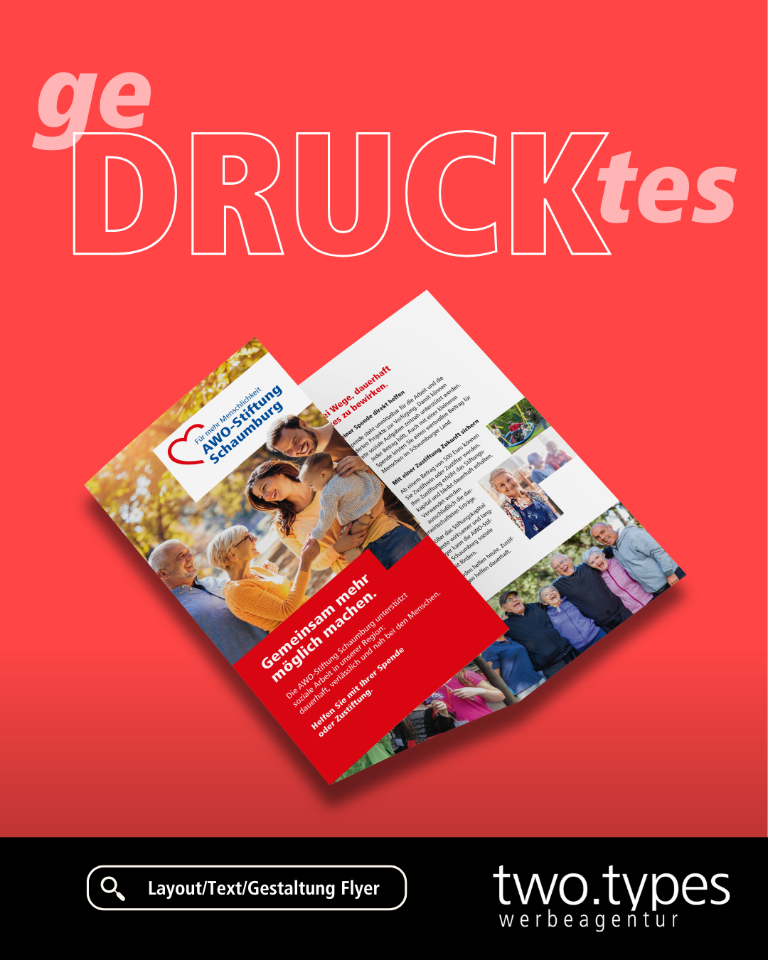Flyer der AWO-Stiftung Schaumburg mit Familienmotiv und Informationen zu Spenden und Zustiftungen.