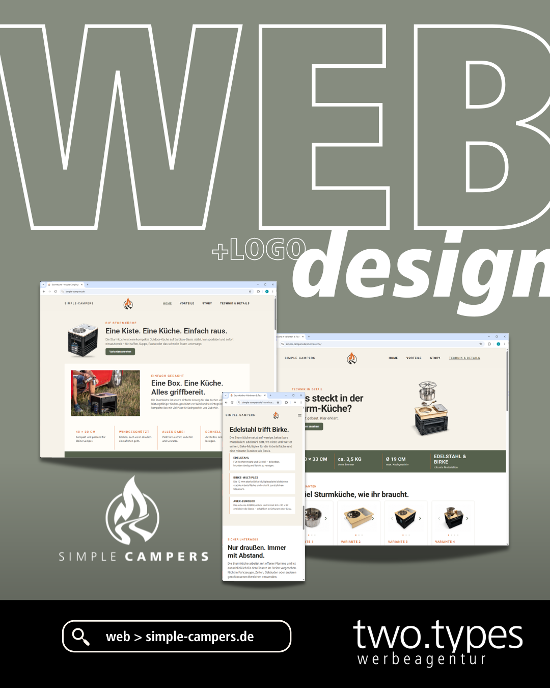 Logo und Website von Simple Campers mit Ansichten der Sturm-Küche auf Desktop und Smartphone.