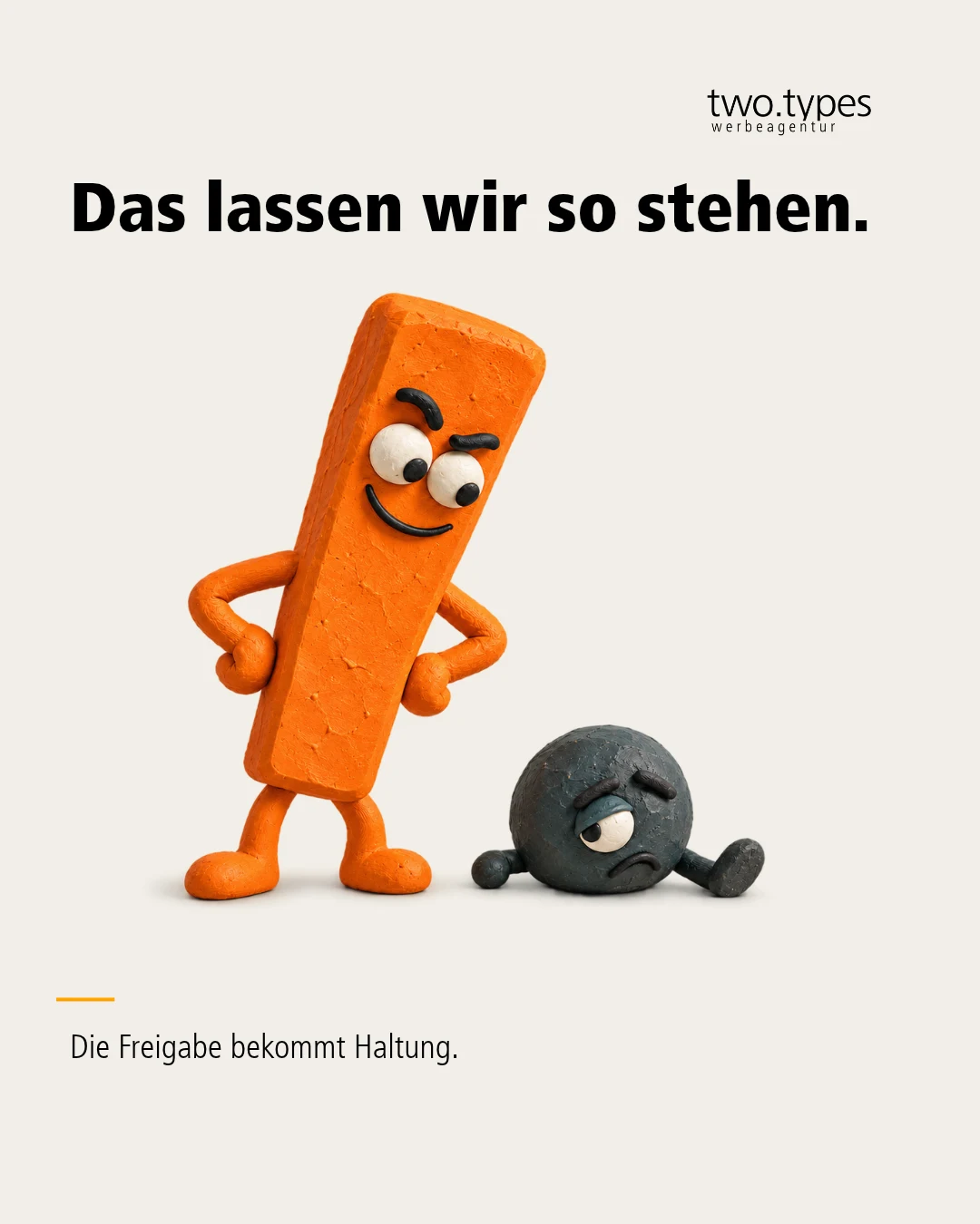 Ein orangefarbenes Ausrufezeichen steht breitbeinig neben einem zusammengesackten dunklen Punkt.