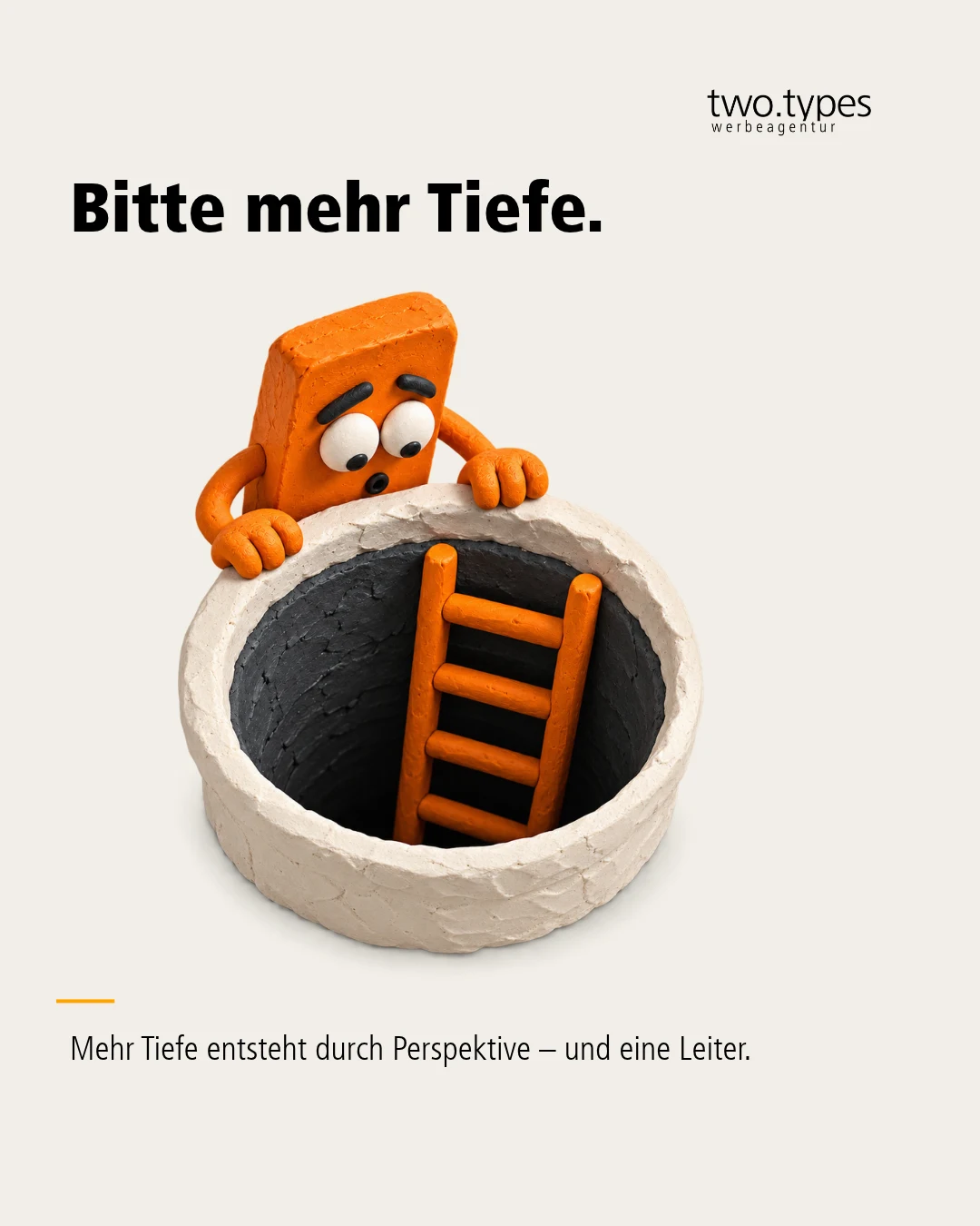 Eine orange Knetfigur schaut in ein tiefes Loch, in das eine orange Leiter hinabführt.