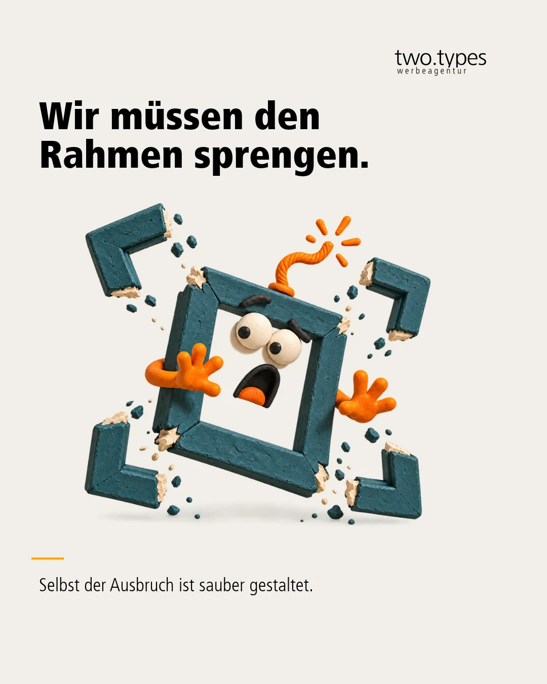 Eine erschrockene orange Figur sprengt einen petrolfarbenen Bilderrahmen; seine Ecken fliegen auseinander.