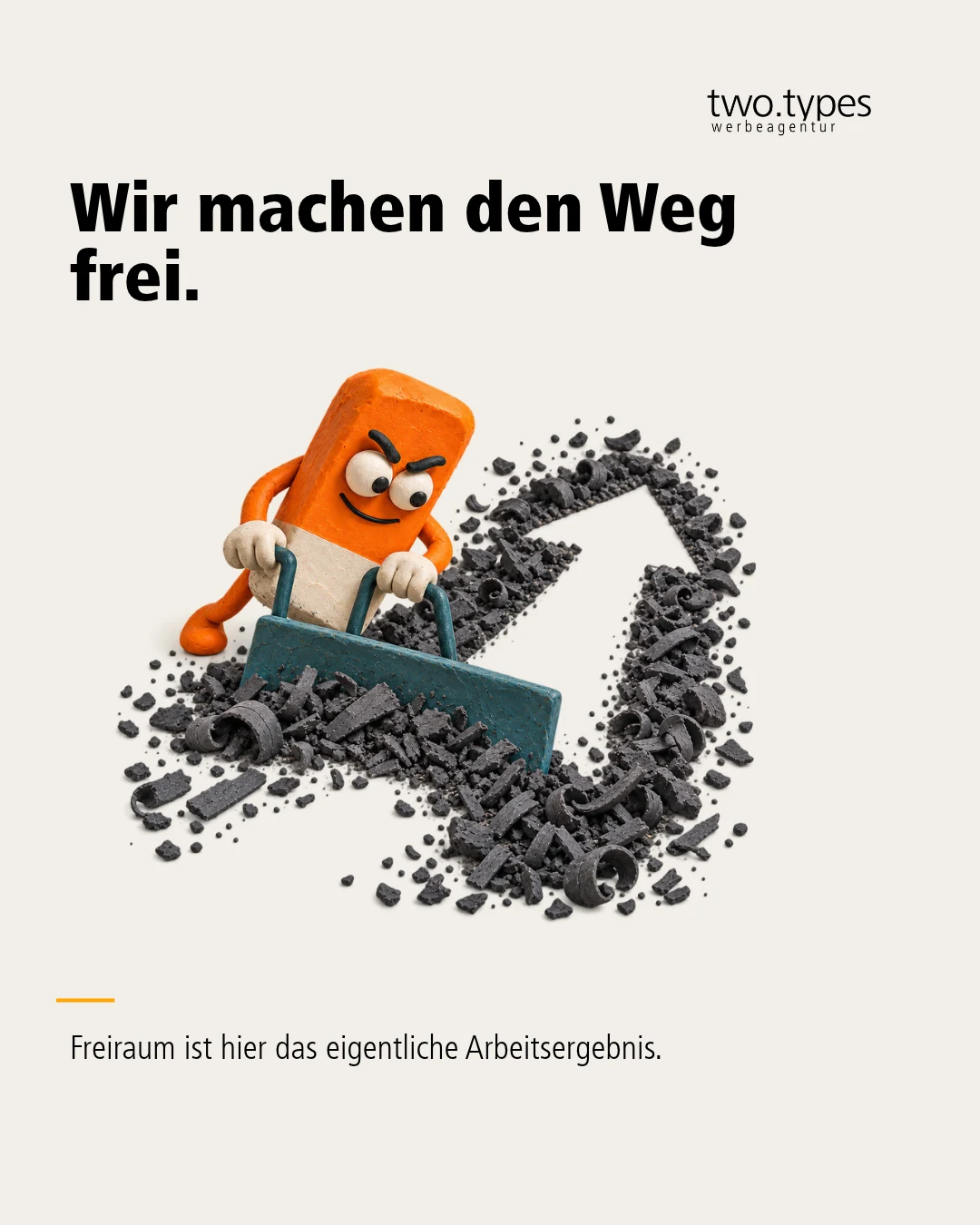 Eine orange Figur schiebt mit einem petrolfarbenen Räumschild dunkle Krümel beiseite und legt einen Pfeil frei.