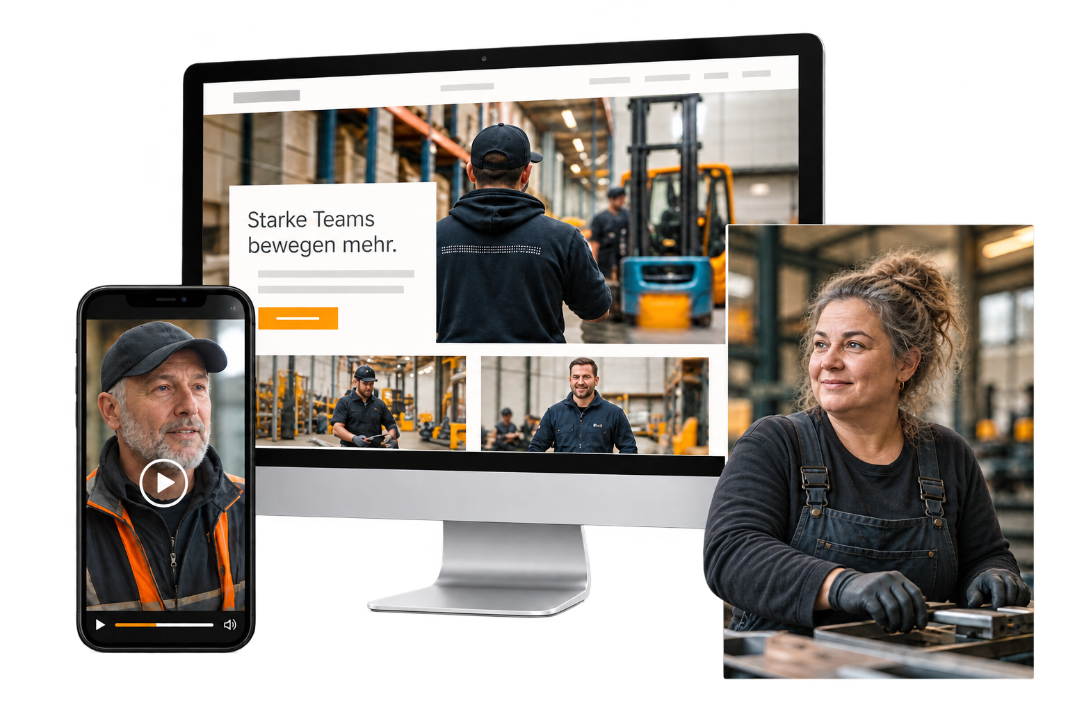 Illustrative Bildkomposition mit Karriereseite, Recruiting-Video und Mitarbeiterporträt