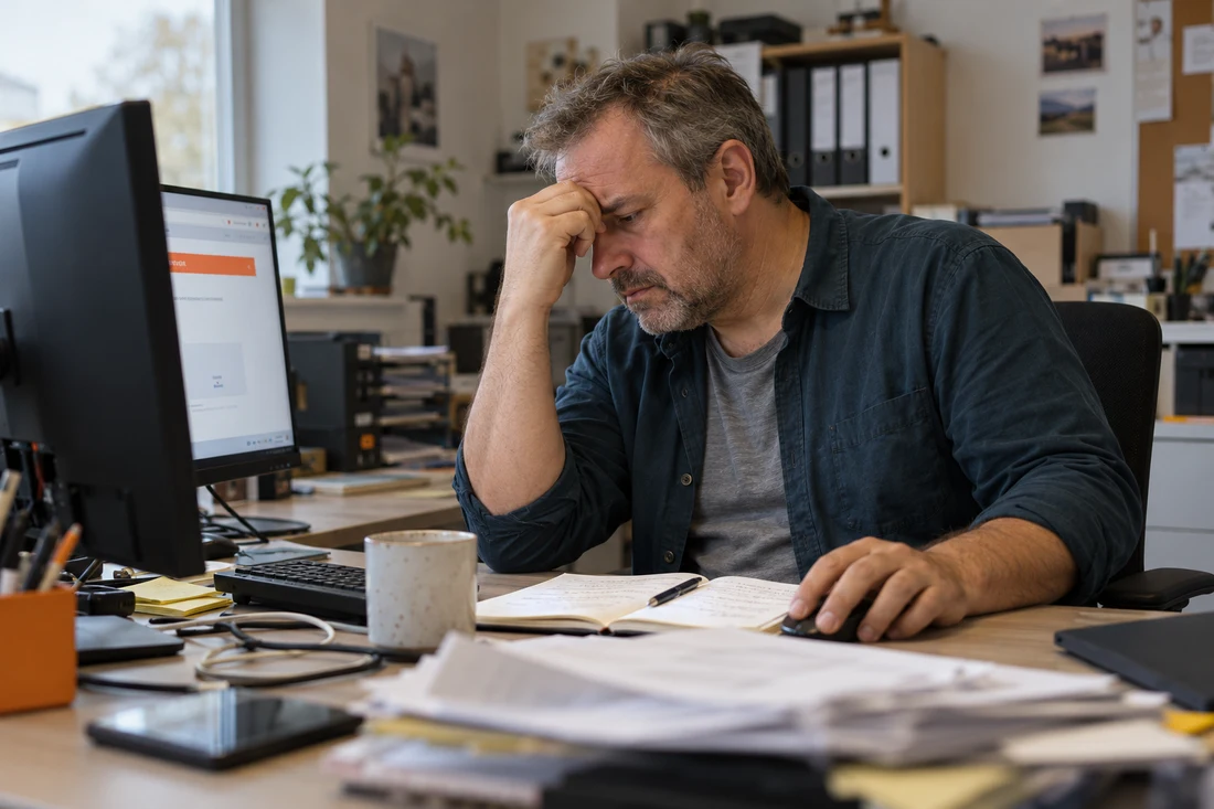 Ein genervter Unternehmer reibt sich vor seinem Computer die Stirn. Zwischen Arbeitspapieren und Kaffeetasse hält ihn eine Website-Störung auf.